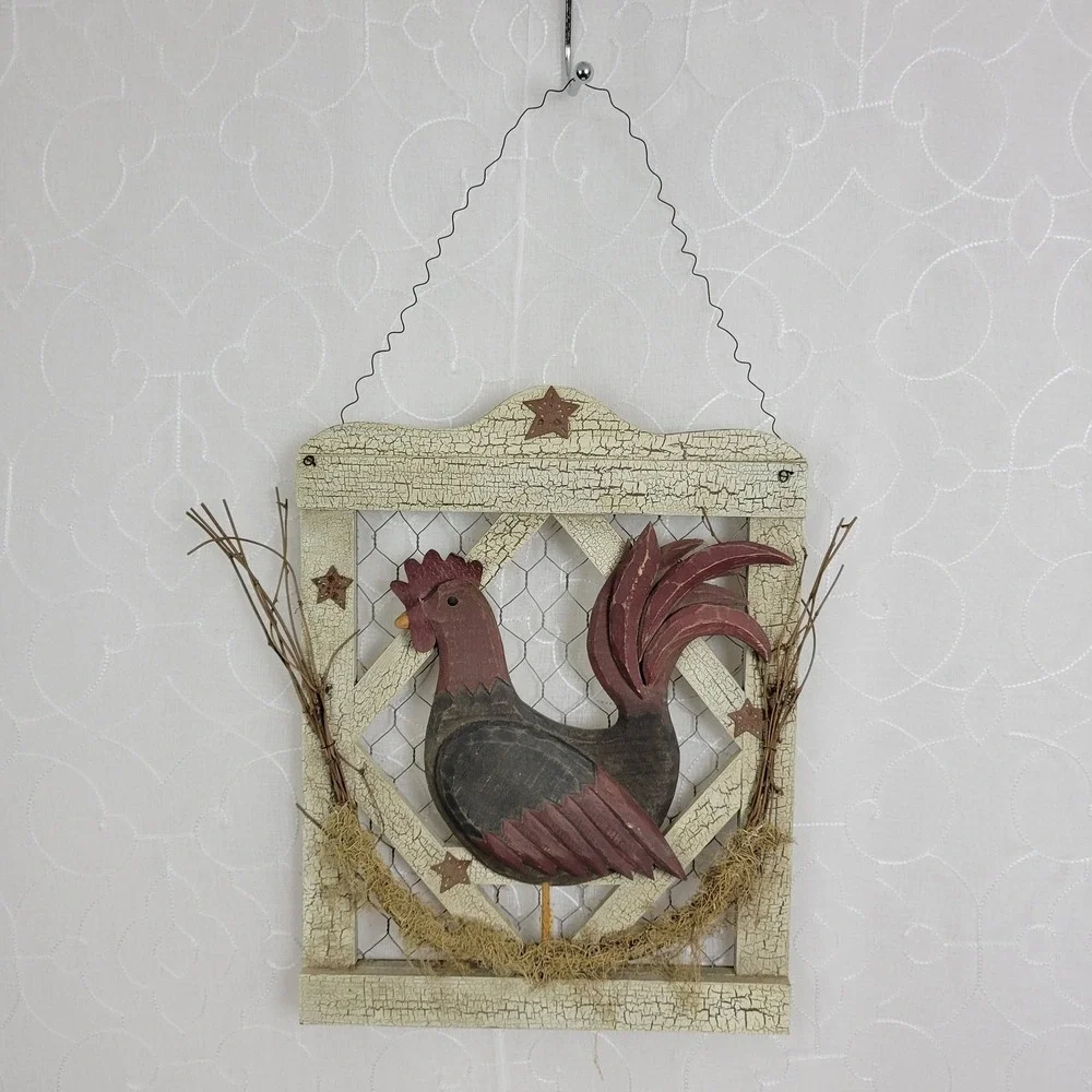 Vintage Country Carved Wood Chicken Rooster Wire Framed Picture Hanging Decor